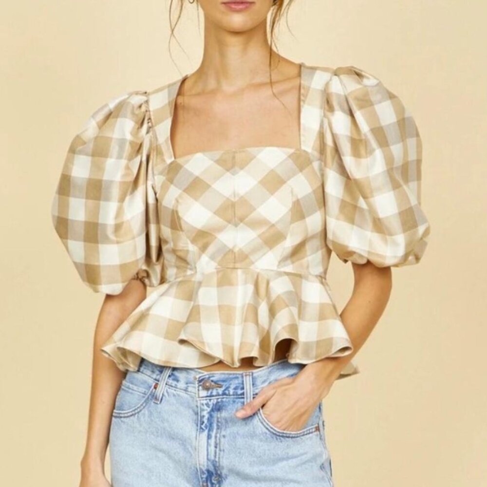HUNTER BELL - CONWAY TOP - BEIGE GINGHAM